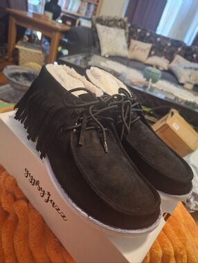 Black Faux Suede Loafers with Fringe